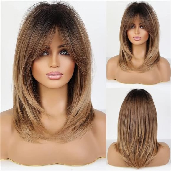 Brown Wig with Bangs Straight Layered Ombre Hair Wigs for Women